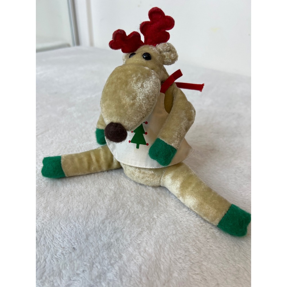 Vintage Hallmark Christmas Reindeer Plush Bean Tan Green Red Tree Apron Holiday